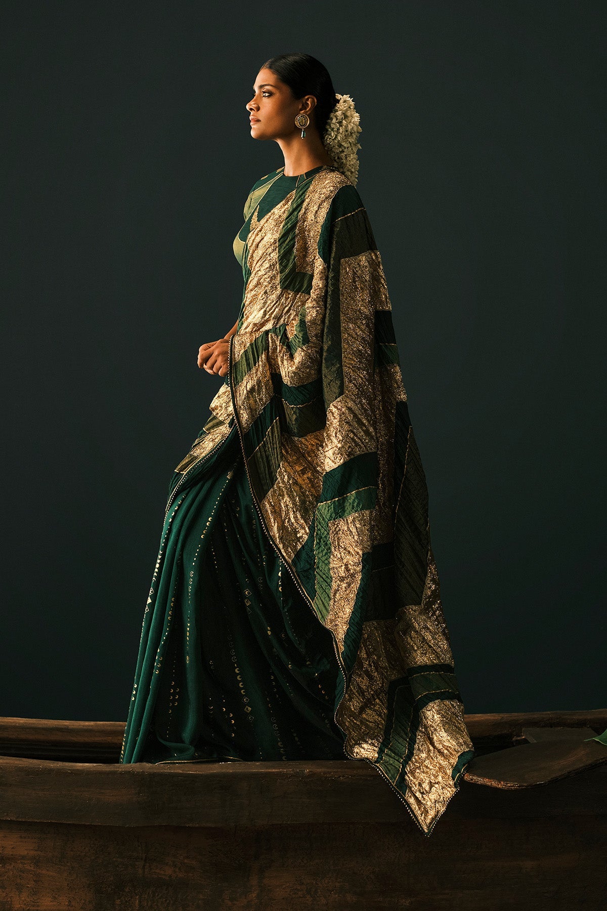 Bottle Green Celestial Moonfall Crush Saree