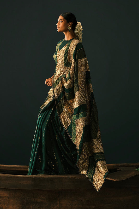 Bottle Green Celestial Moonfall Crush Saree