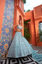 Camellia Turkish Blue Silk Heavily Embroidered Bridal Lehenga