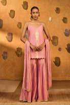 Champagne Pink Raw Silk Tribal Whisper Sharara Set with Foil Print & Organza Dupatta