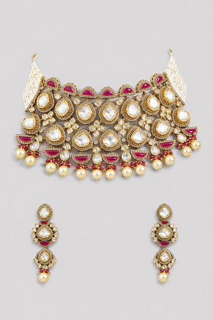 Raivika Two Tone Finish Red Polki Choker