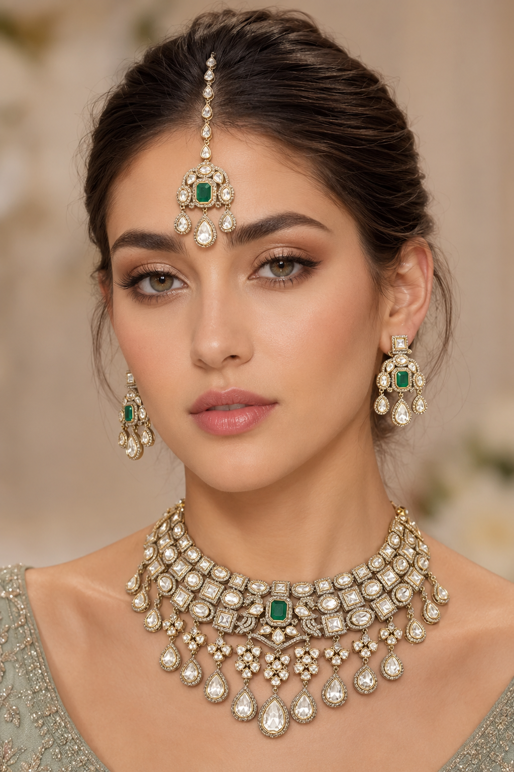 Hasrah Two Tone Finish Green Polki Necklace Set