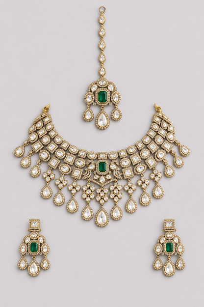Hasrah Two Tone Finish Green Polki Necklace Set