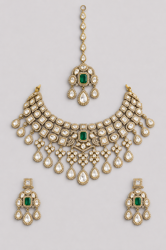 Hasrah Two Tone Finish Green Polki Necklace Set