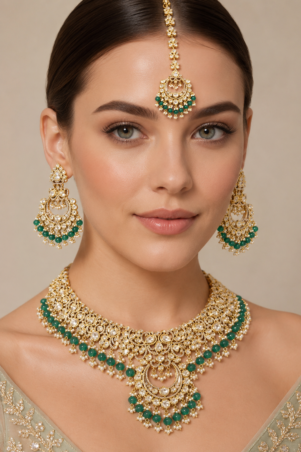Rajeshwari Two Tone Finish Green Polki Bridal Set