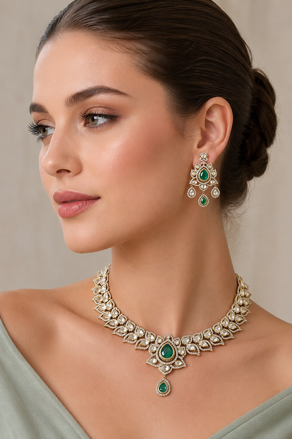 Mohiniya Two Tone Finish Green Polki Necklace Set