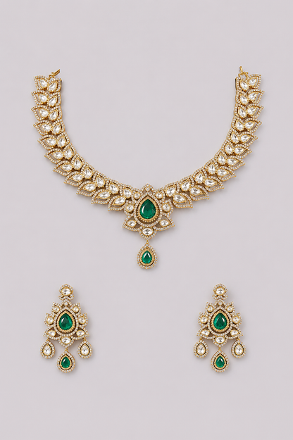 Mohiniya Two Tone Finish Green Polki Necklace Set