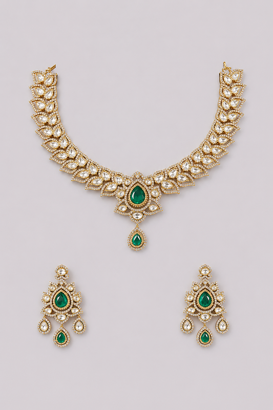 Mohiniya Two Tone Finish Green Polki Necklace Set