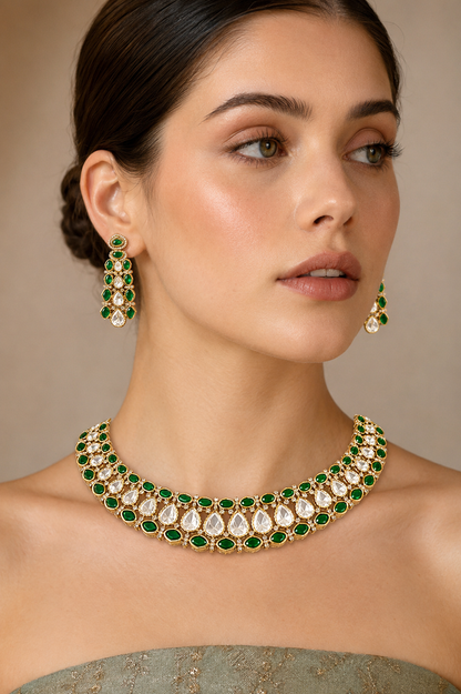 Aabharika Green Two Tone Polki Necklace Set