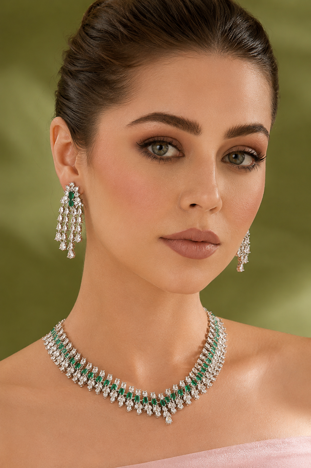 Tanushree Emerald White Finish Diamond Necklace Set