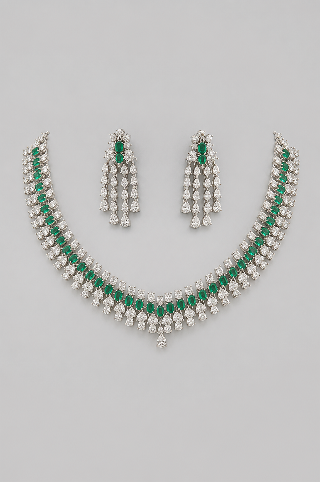 Tanushree Emerald White Finish Diamond Necklace Set