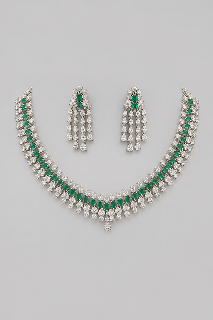 Tanushree Emerald White Finish Diamond Necklace Set