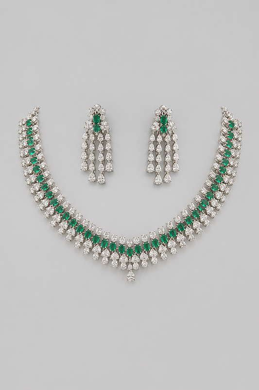 Tanushree Emerald White Finish Diamond Necklace Set