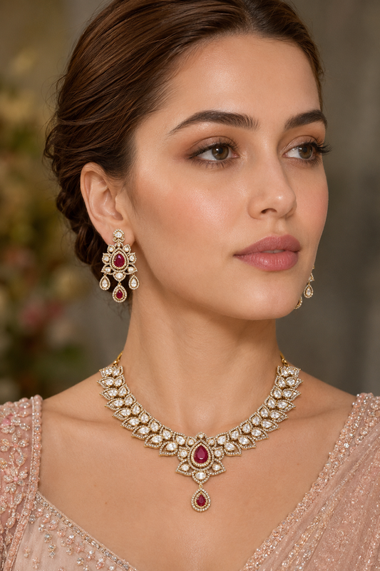 Mohiniya Two Tone Finish Red Polki Necklace Set