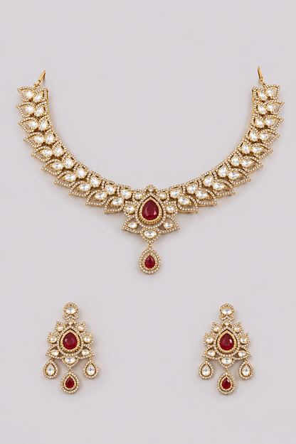 Mohiniya Two Tone Finish Red Polki Necklace Set