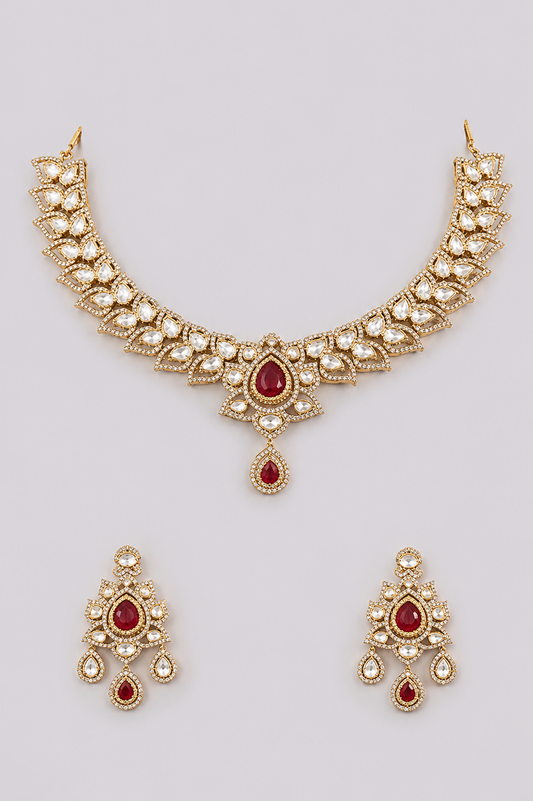 Mohiniya Two Tone Finish Red Polki Necklace Set