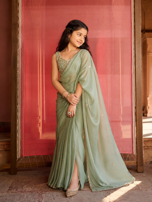 Elara Sage Green Saree Set