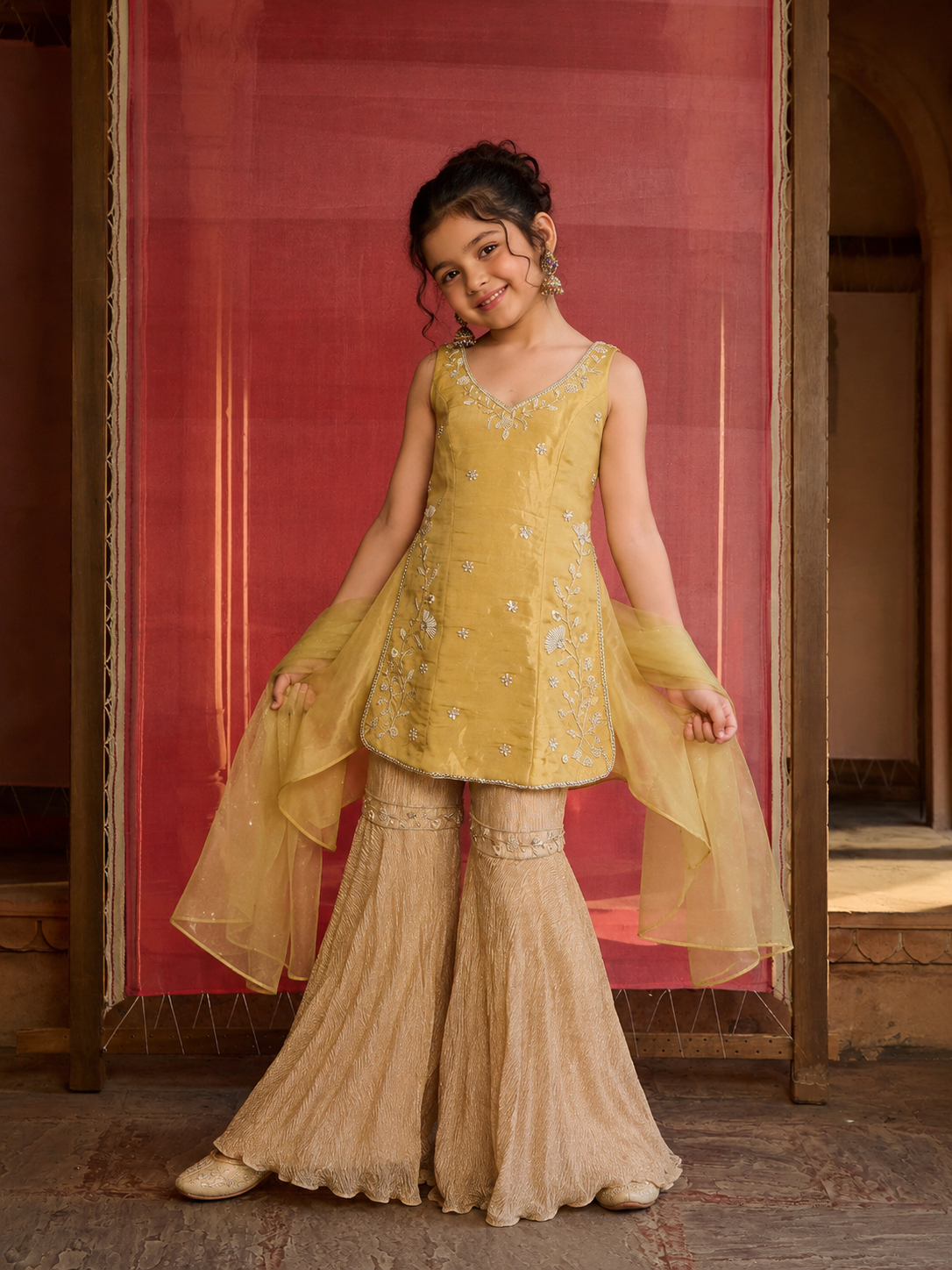 Elina Muted Lime Gold Sharara Set