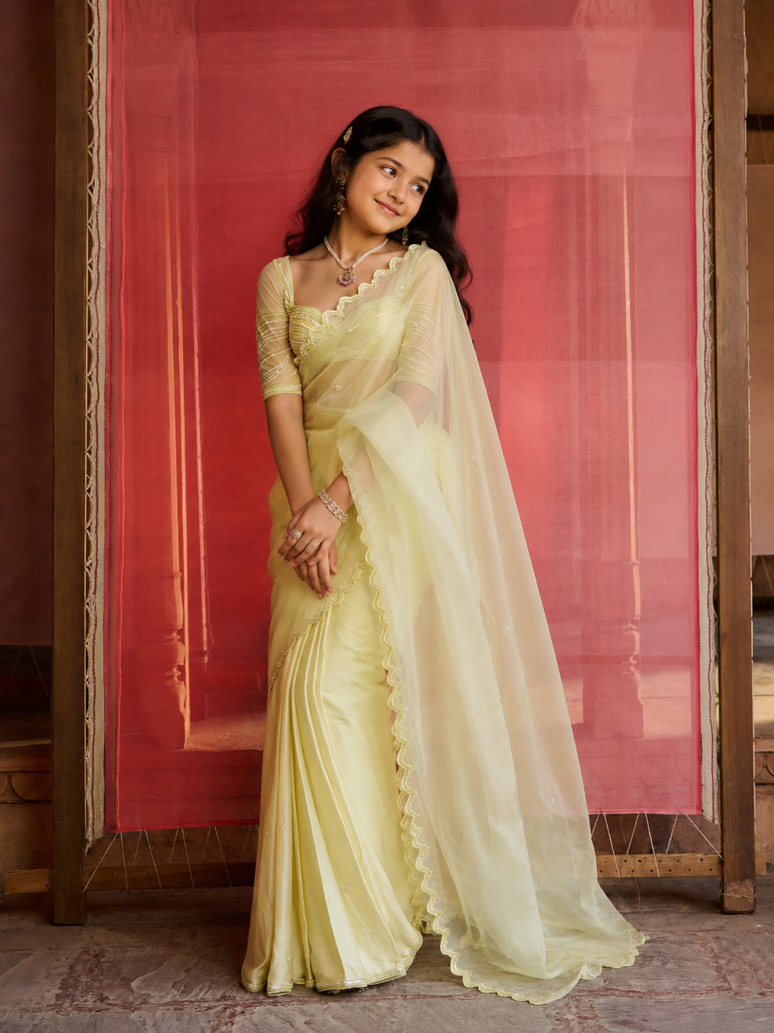 Zest Lime Green Draped Saree Set