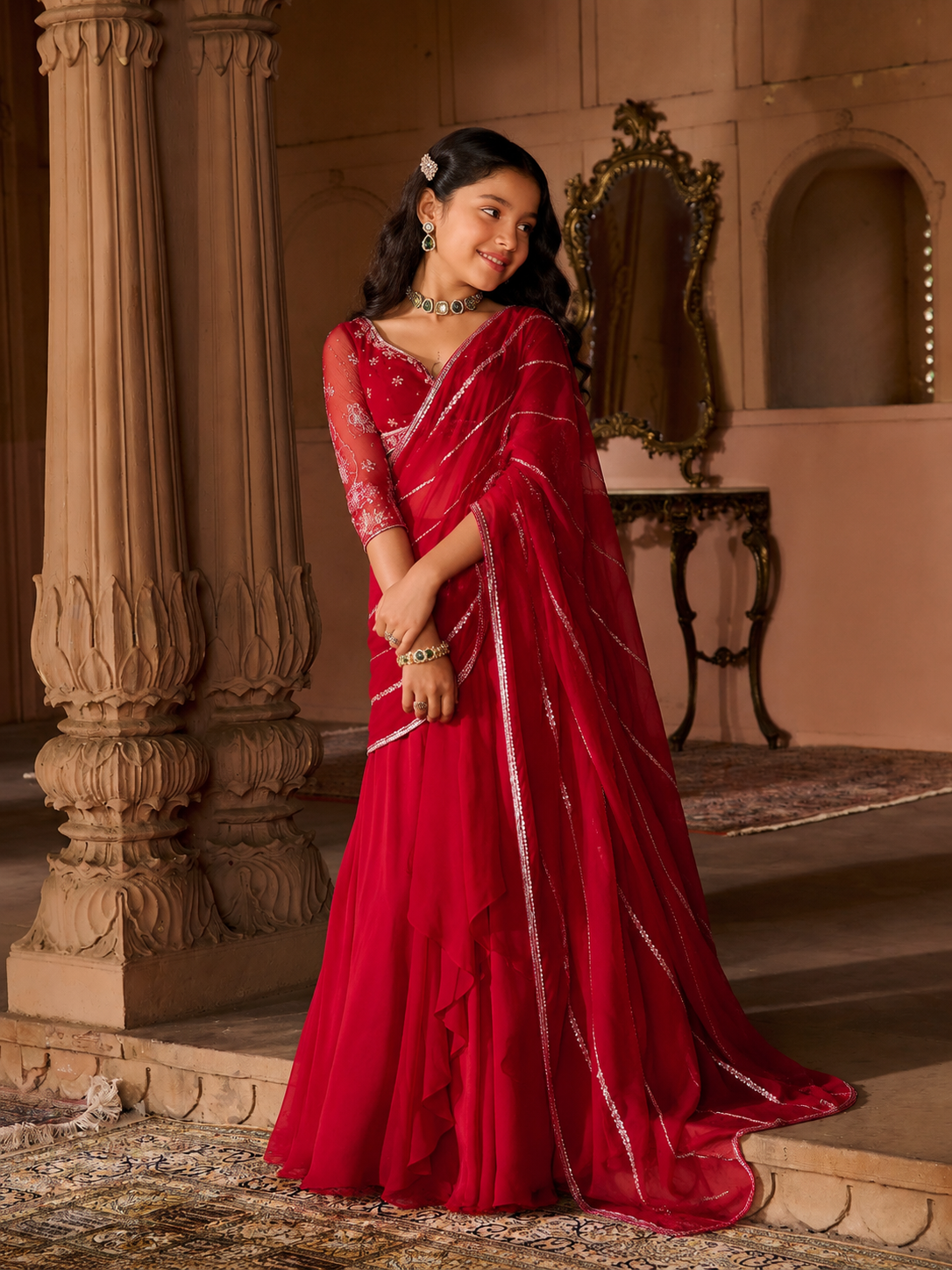 Enchanted Deep Crimson Draped Saree Set