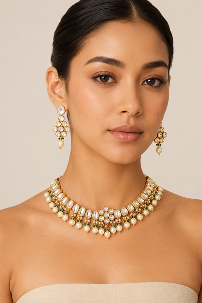 Juhi Floral Green Kundan Necklace Set