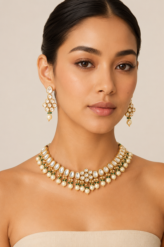 Juhi Floral Green Kundan Necklace Set