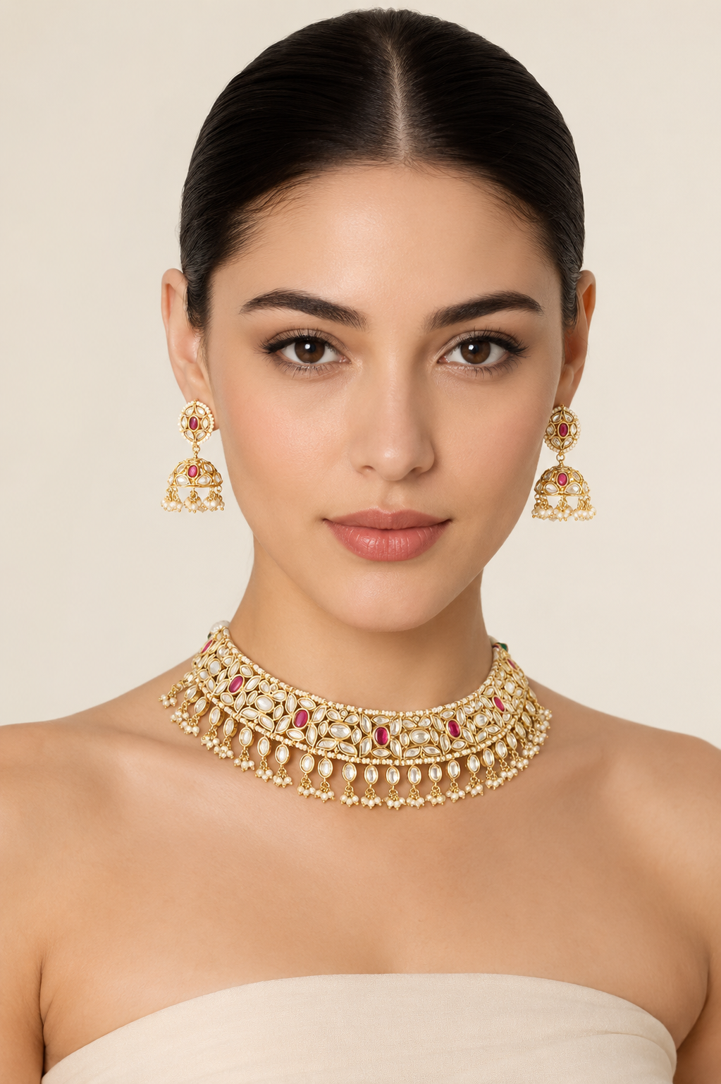 Swarnikaa Red Gold Finish Kundan Necklace Set