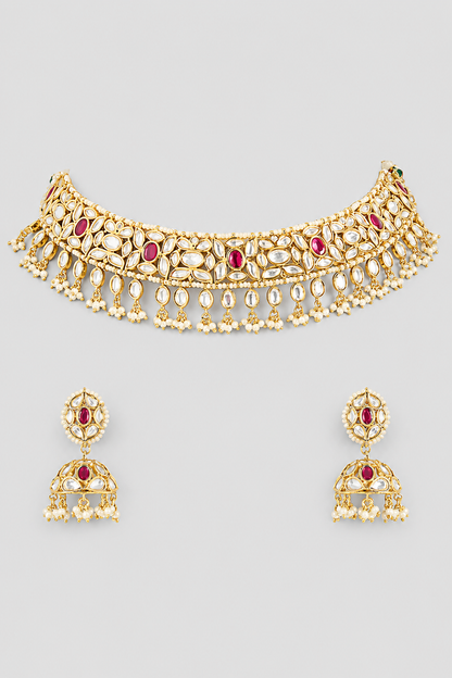 Swarnikaa Red Gold Finish Kundan Necklace Set