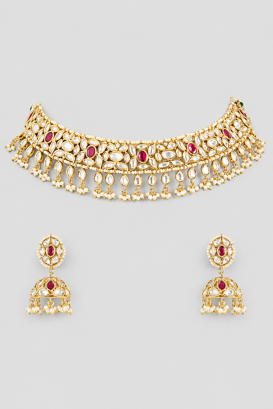 Swarnikaa Red Gold Finish Kundan Necklace Set
