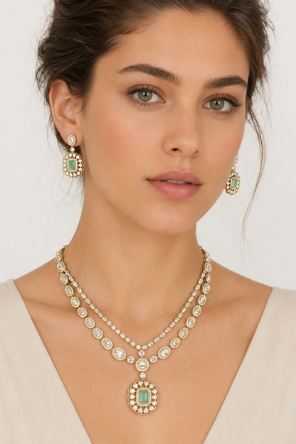 Hemangi Green Two Tone Polki Necklace Set