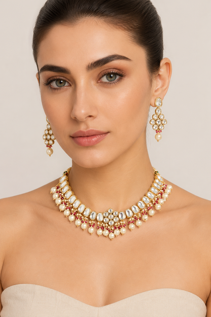 Juhi Floral Red Kundan Necklace Set
