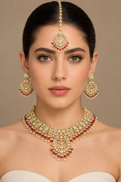 Rajeshwari Two Tone Finish Red Polki Bridal Set