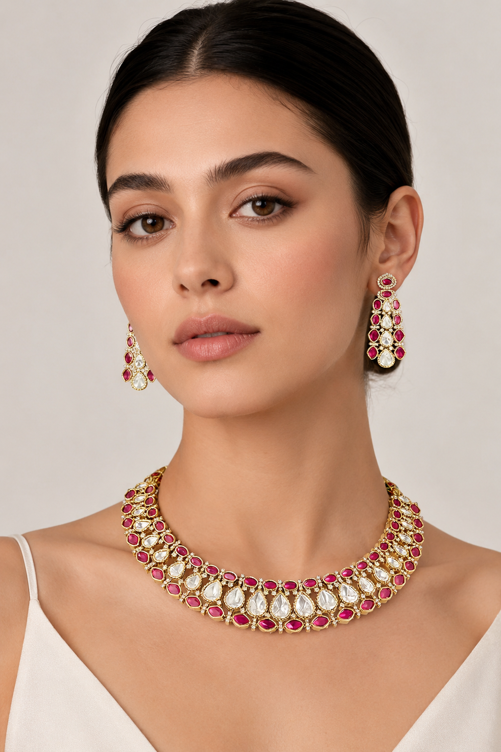 Aabharika Red Two Tone Polki Necklace Set