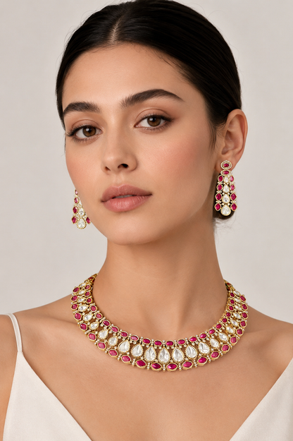 Aabharika Red Two Tone Polki Necklace Set