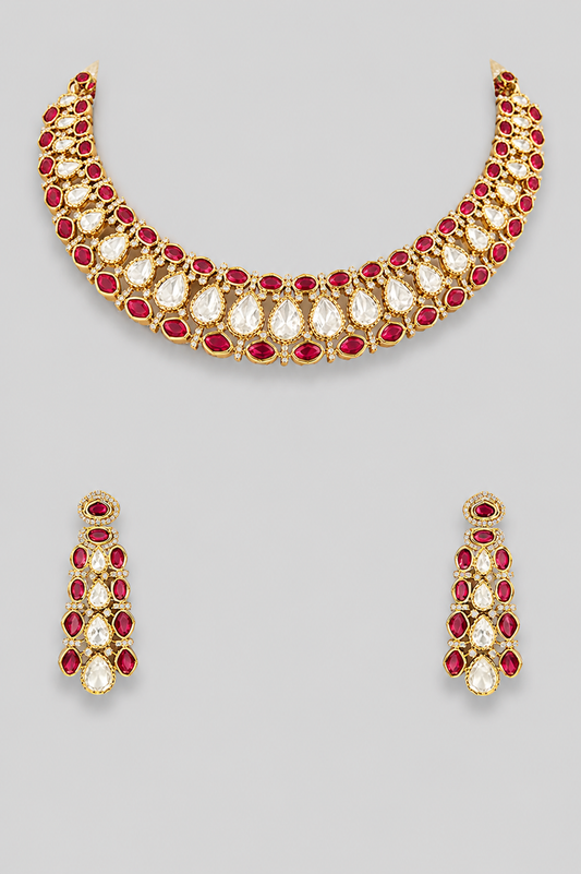 Aabharika Red Two Tone Polki Necklace Set
