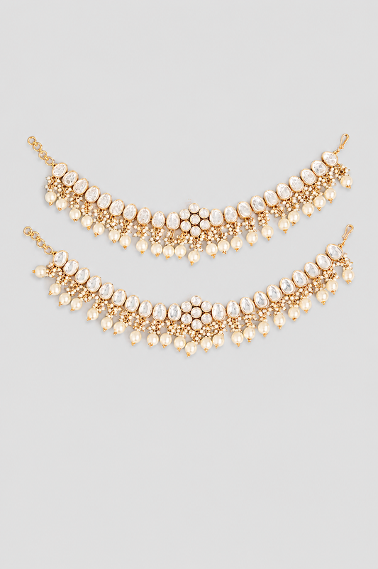 Jasmine Floral Gold Finish Kundan Polki Anklets