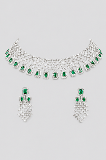 Ridhira Emerald White Finish Diamond Necklace Set