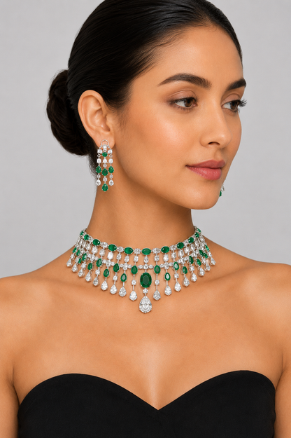 Anvita Emerald White Finish Diamond Necklace Set