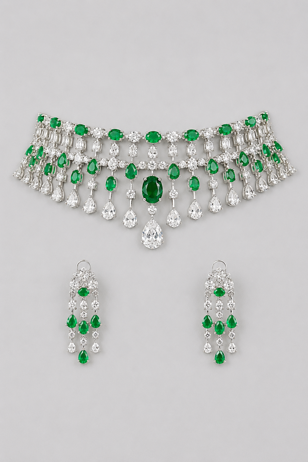 Anvita Emerald White Finish Diamond Necklace Set