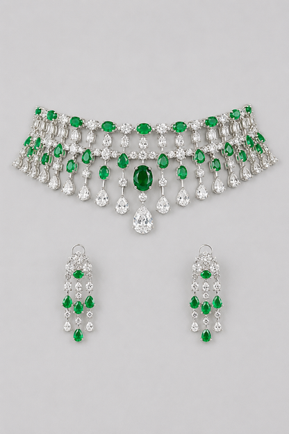 Anvita Emerald White Finish Diamond Necklace Set