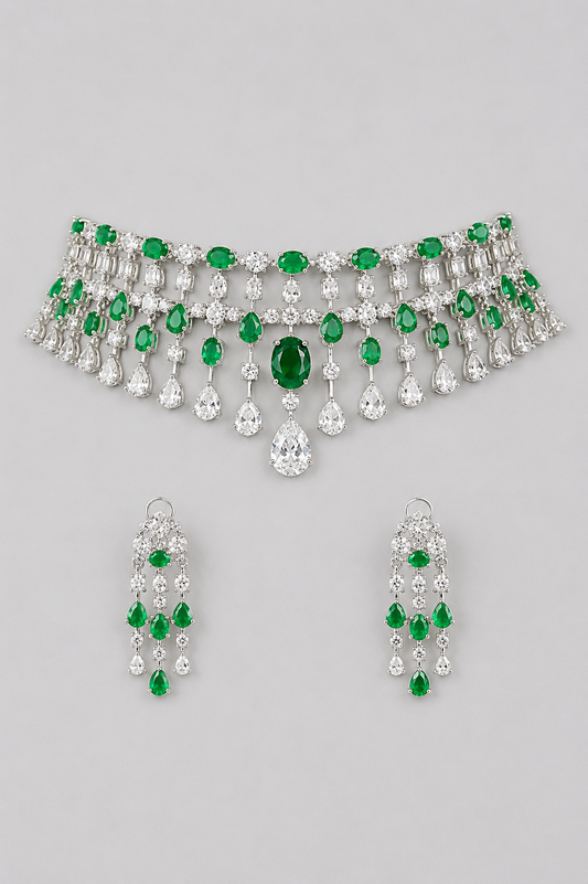 Anvita Emerald White Finish Diamond Necklace Set