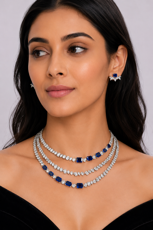 Avyanna Sapphire White Finish Diamond Necklace Set