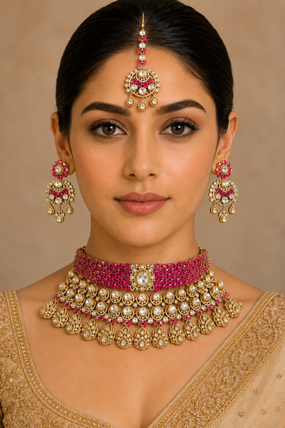 Aarika Two Tone Finish Red Polki Bridal Set