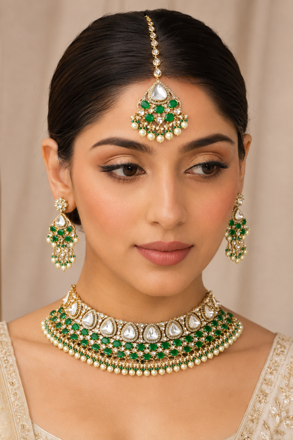 Varnika Two Tone Finish Green Polki Bridal Set