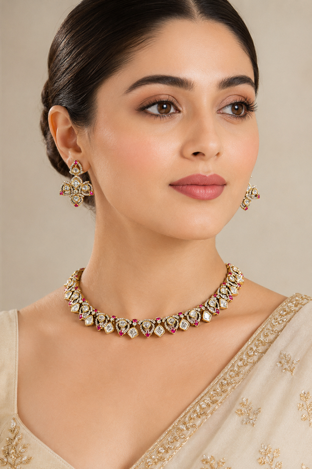 Trishaani Red Two Tone Finish Polki Necklace Set
