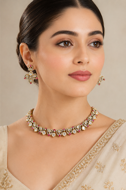 Trishaani Red Two Tone Finish Polki Necklace Set