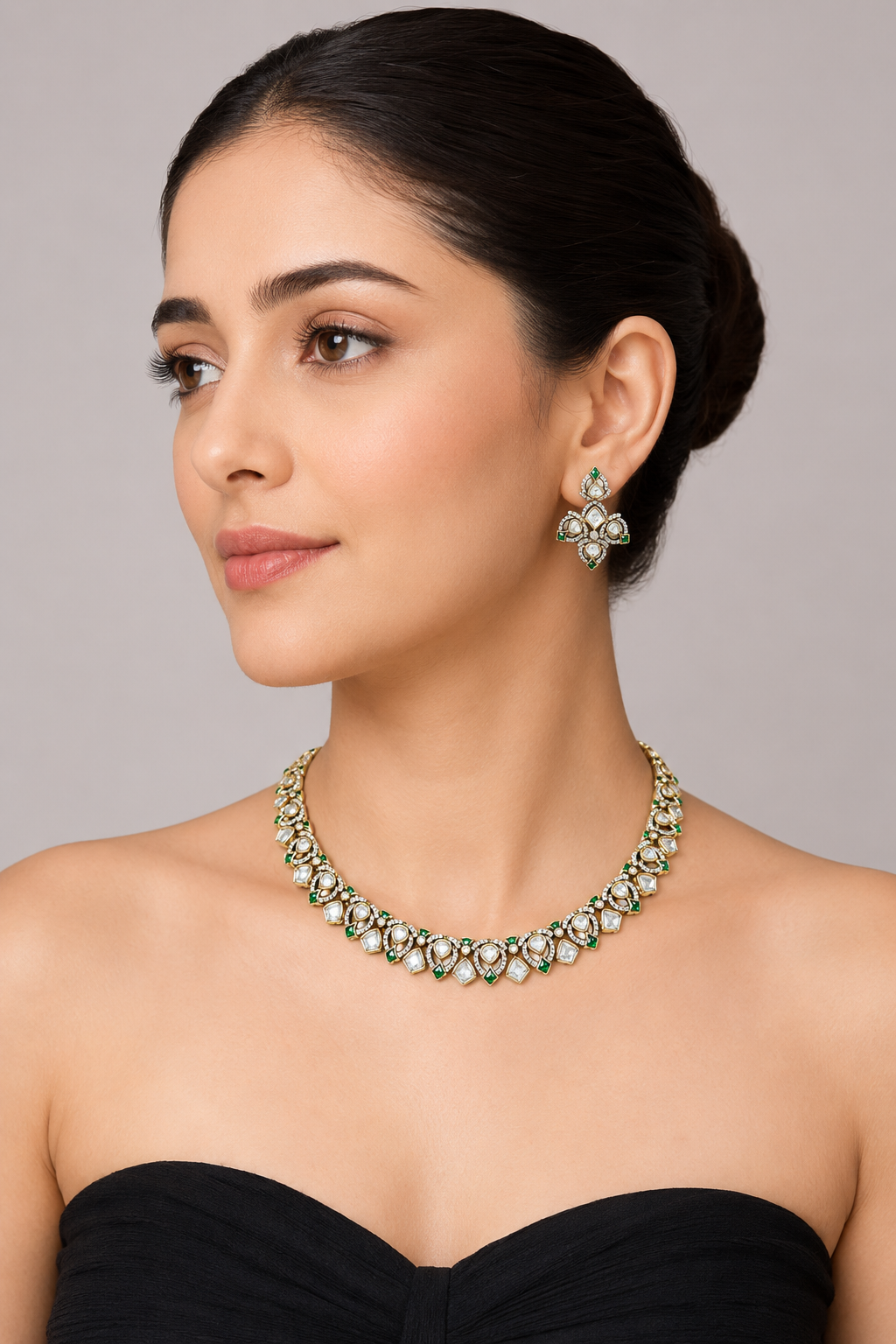 Trishaani Green Two Tone Finish Polki Necklace Set