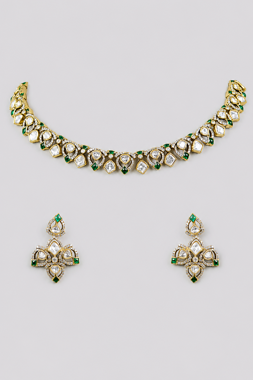 Trishaani Green Two Tone Finish Polki Necklace Set
