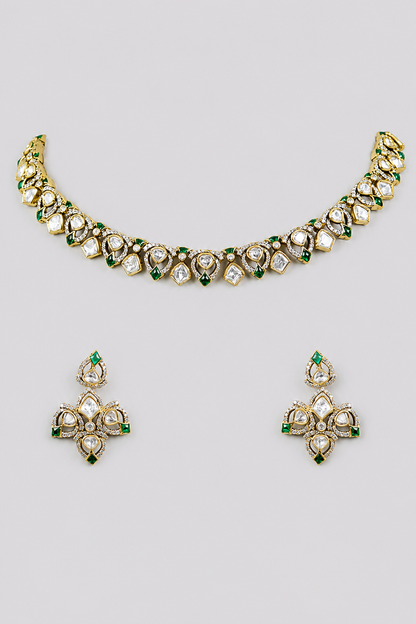 Trishaani Green Two Tone Finish Polki Necklace Set