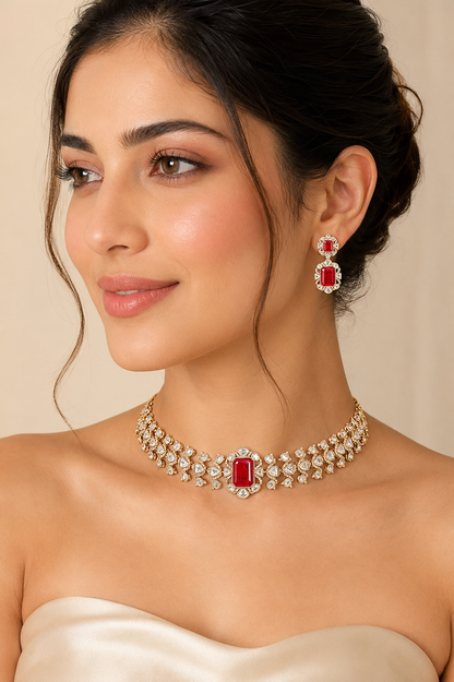 Saanvika Red Kundan Necklace Set